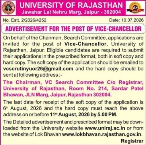 University of Rajasthan Vice-Chancellor Recruitment Advertisement