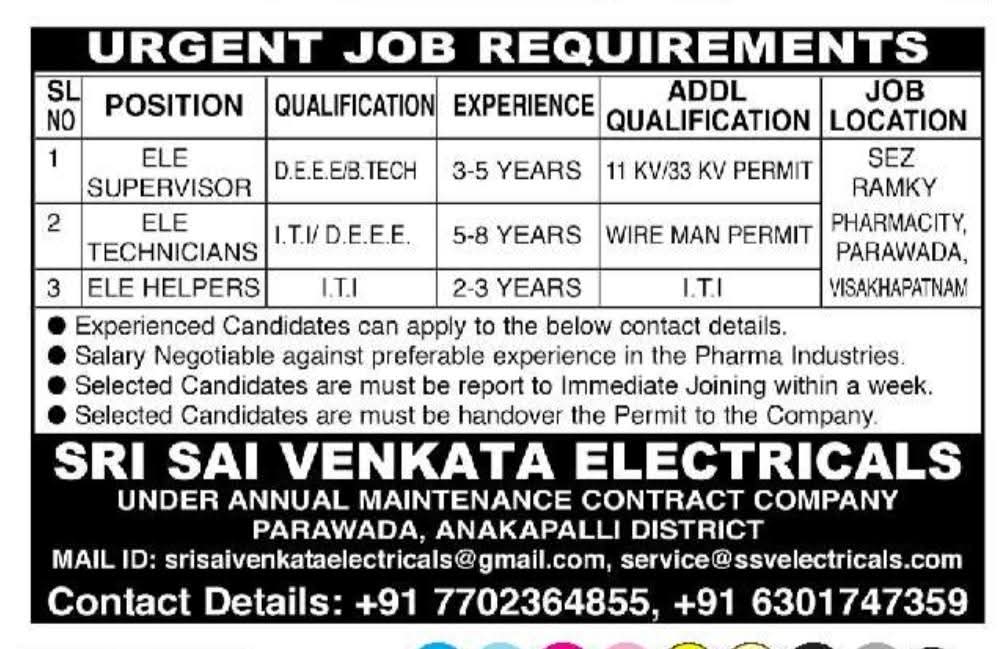 Urgent Hiring: Electrical Supervisors, Technicians, and Helpers