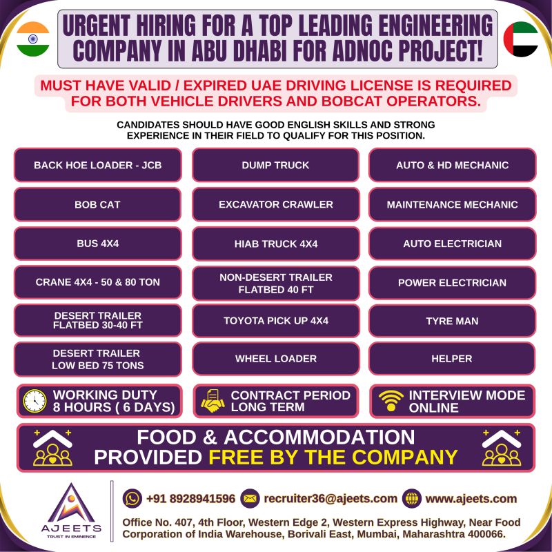 Urgent Hiring for Abu Dhabi