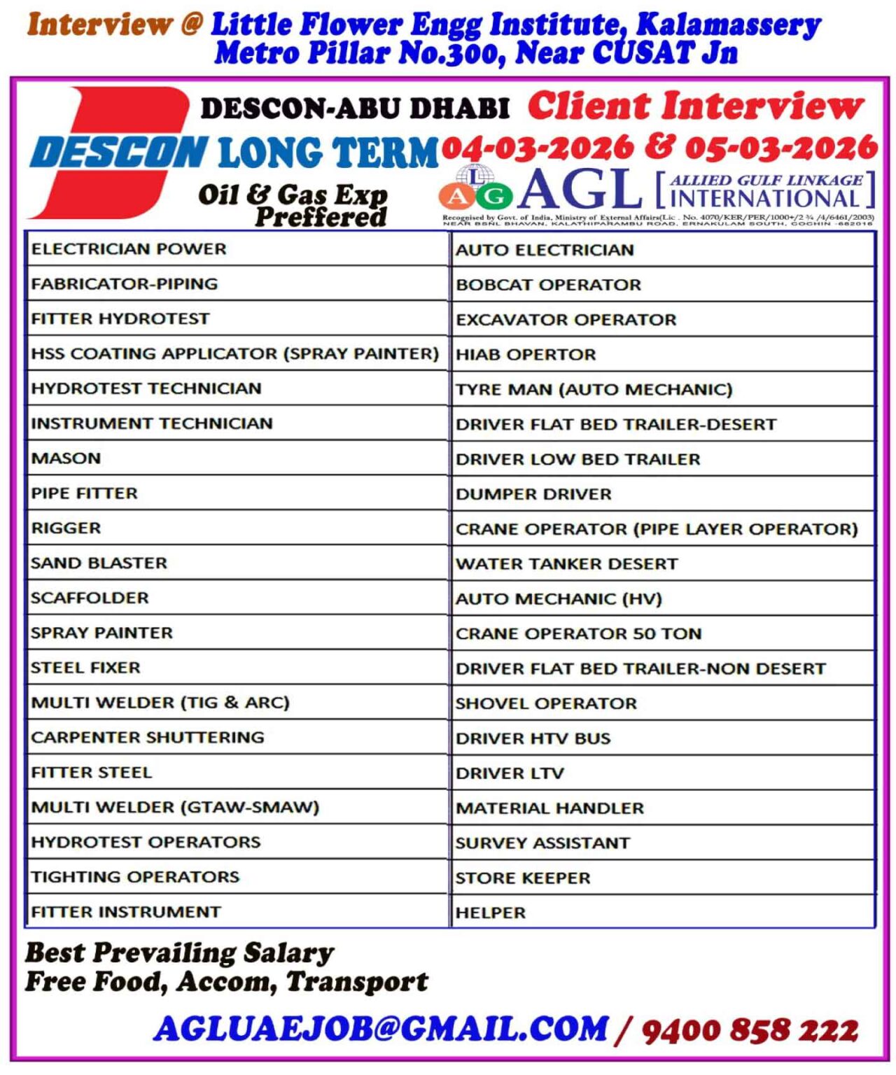 Urgent Hiring for Abu Dhabi