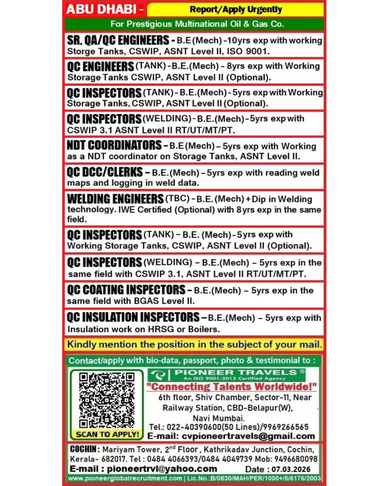 Urgent Hiring for Abu Dhabi