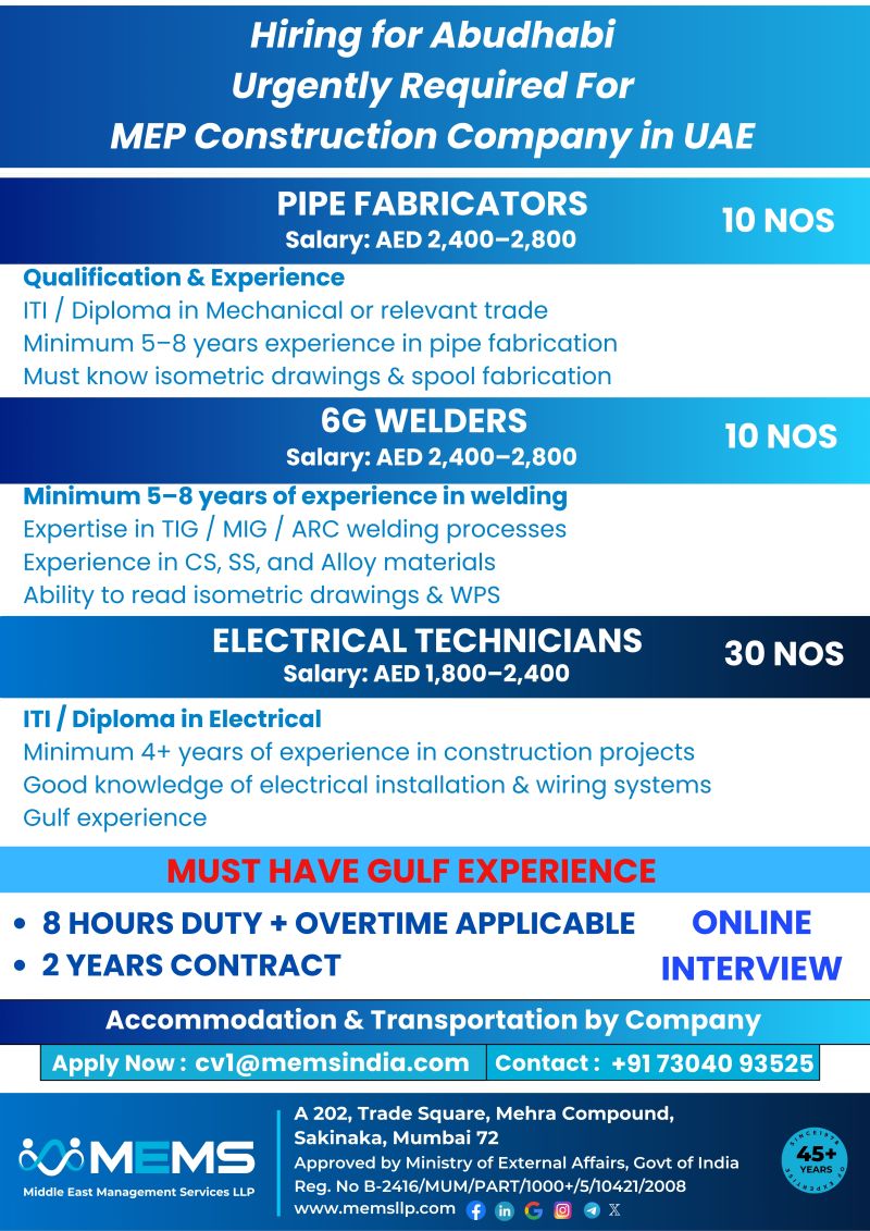 Urgent Hiring for Abu Dhabi