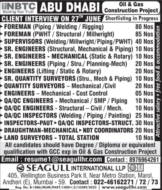 Urgent Hiring for Abu Dhabi