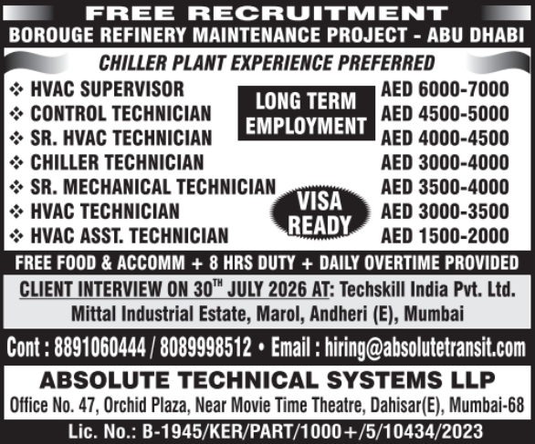 Urgent Hiring for Abu Dhabi