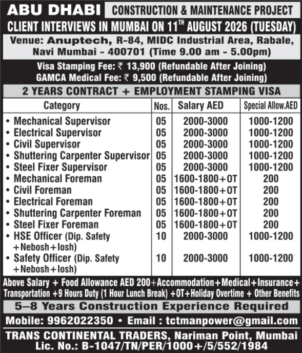 Urgent Hiring for Abu Dhabi