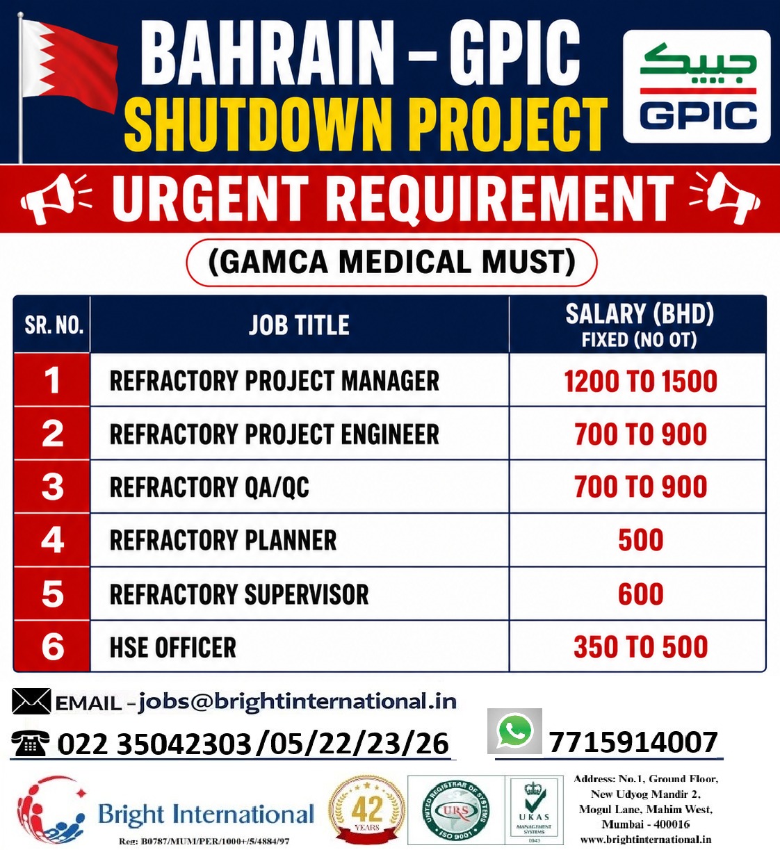 Urgent Hiring for Bahrain