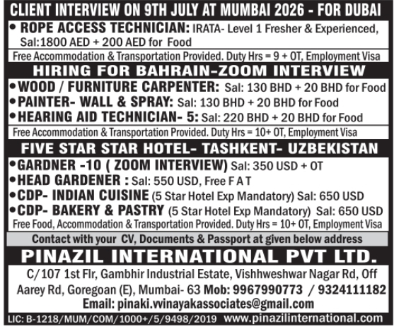 Urgent Hiring for Dubai, Bahrain & Uzbekistan
