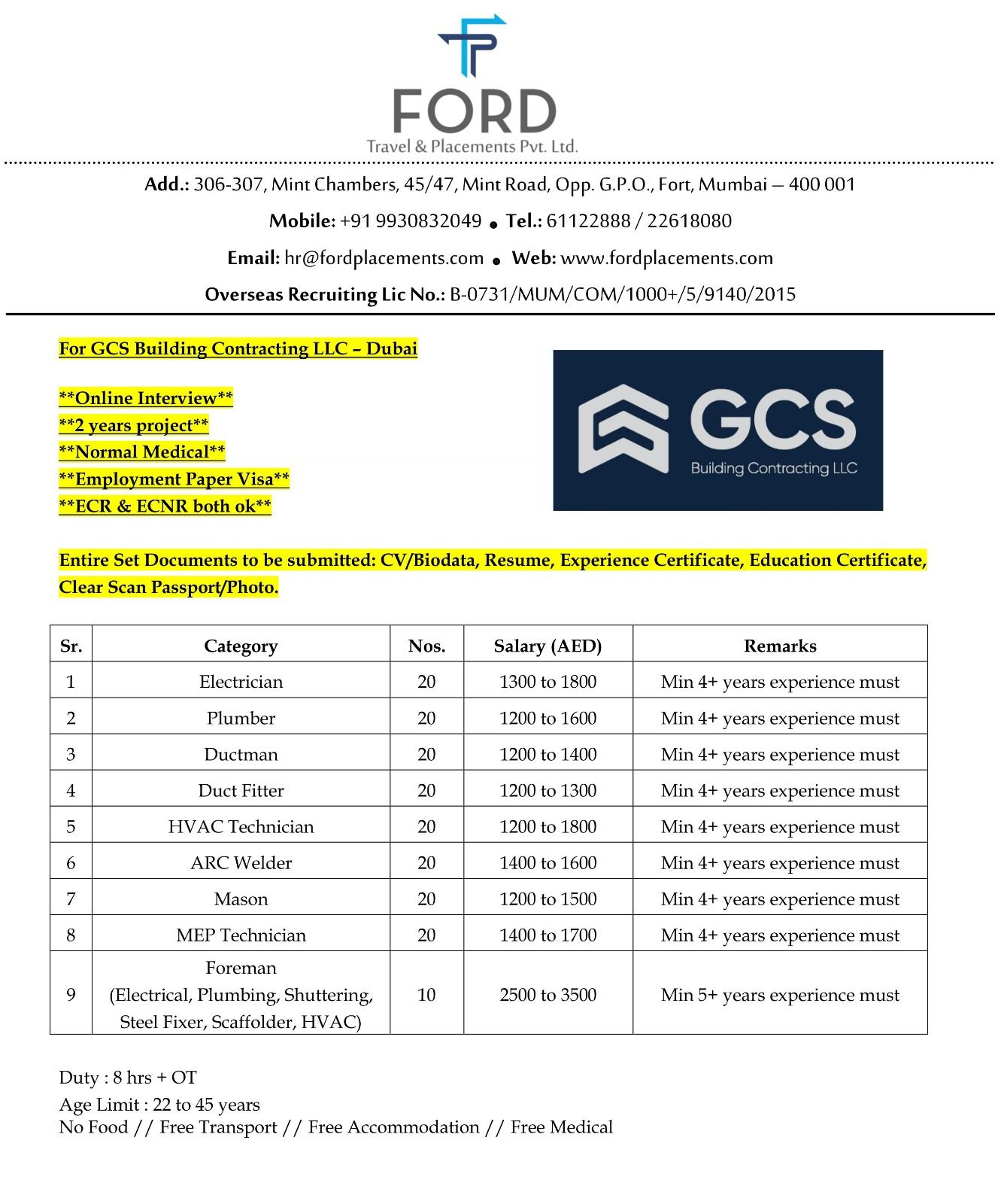 Urgent Hiring for Dubai