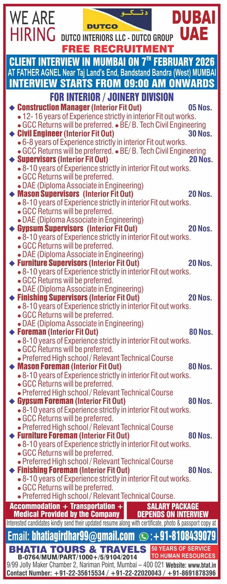 Urgent Hiring for Dubai