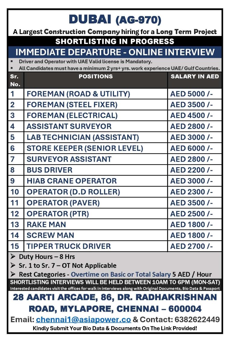 Urgent Hiring for Dubai