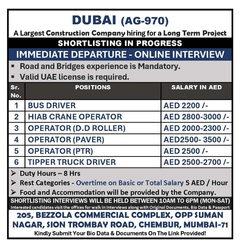Urgent Hiring for Dubai