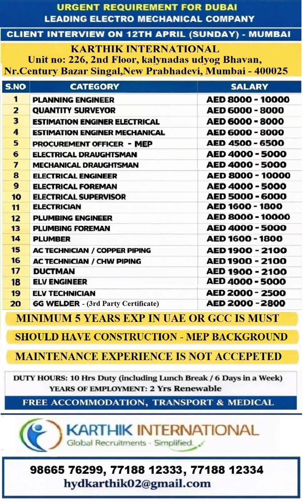 Urgent Hiring for Dubai