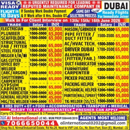 Urgent Hiring for Dubai