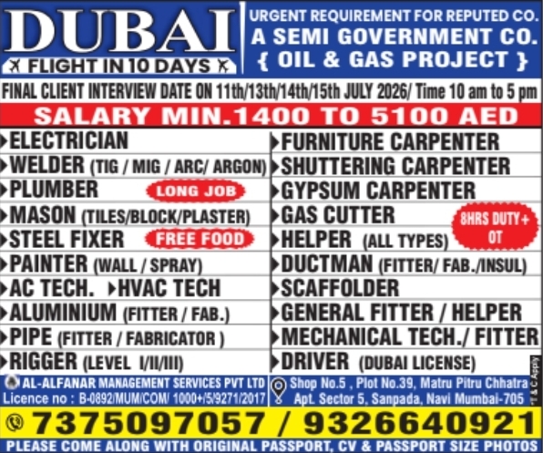 Urgent Hiring for Dubai