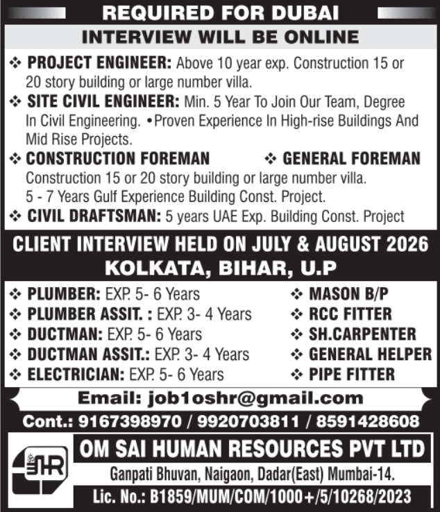 Urgent Hiring for Dubai
