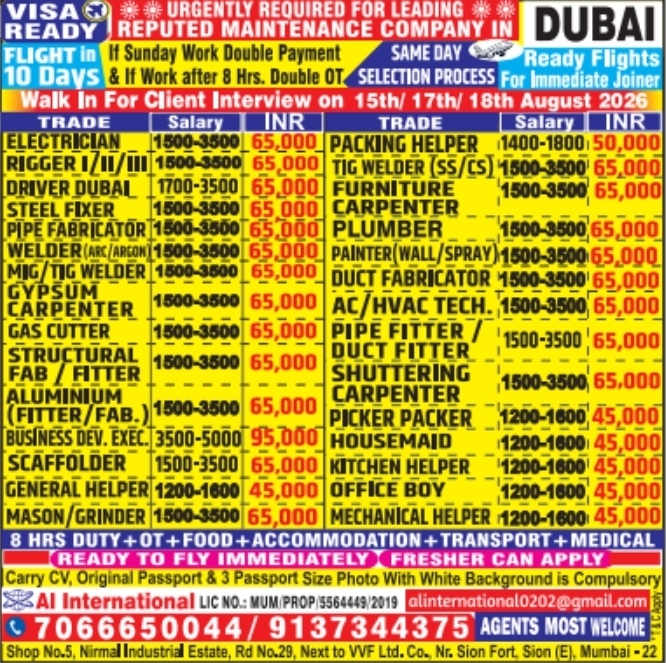 Urgent Hiring for Dubai