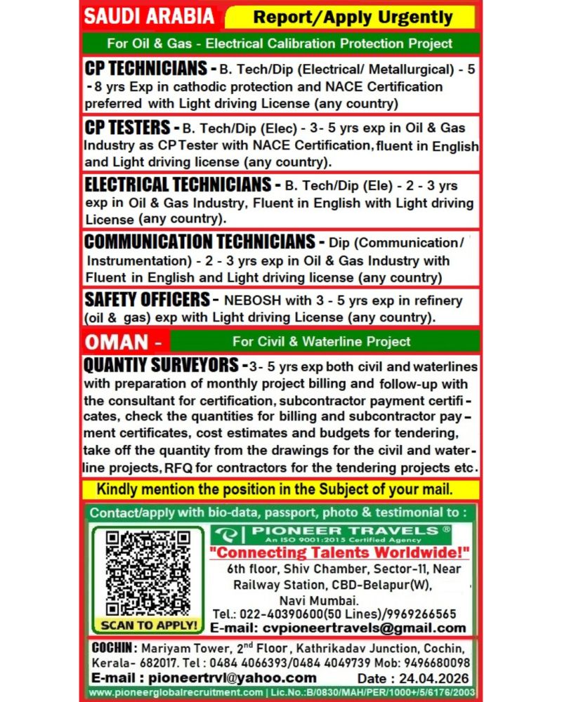 Urgent Hiring for Saudi Arabia & Oman