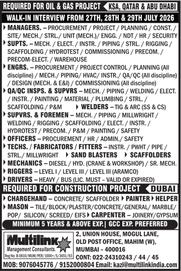 Urgent Hiring for KSA, Qatar, UAE