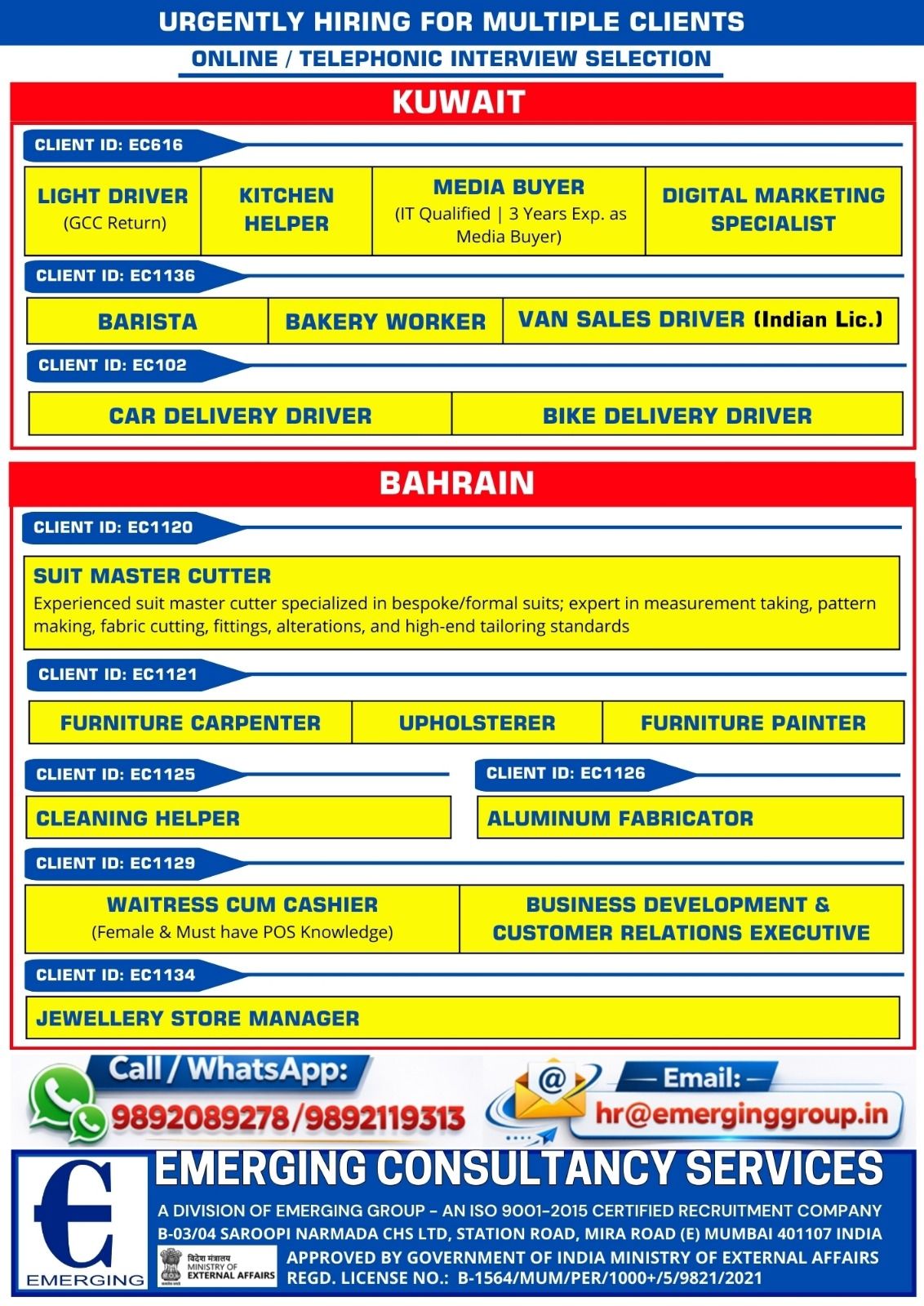 Urgent Hiring for Kuwait & Bahrain