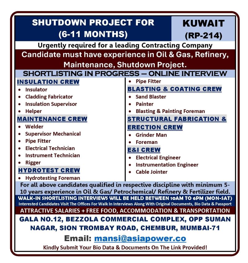 Urgent Hiring for Kuwait