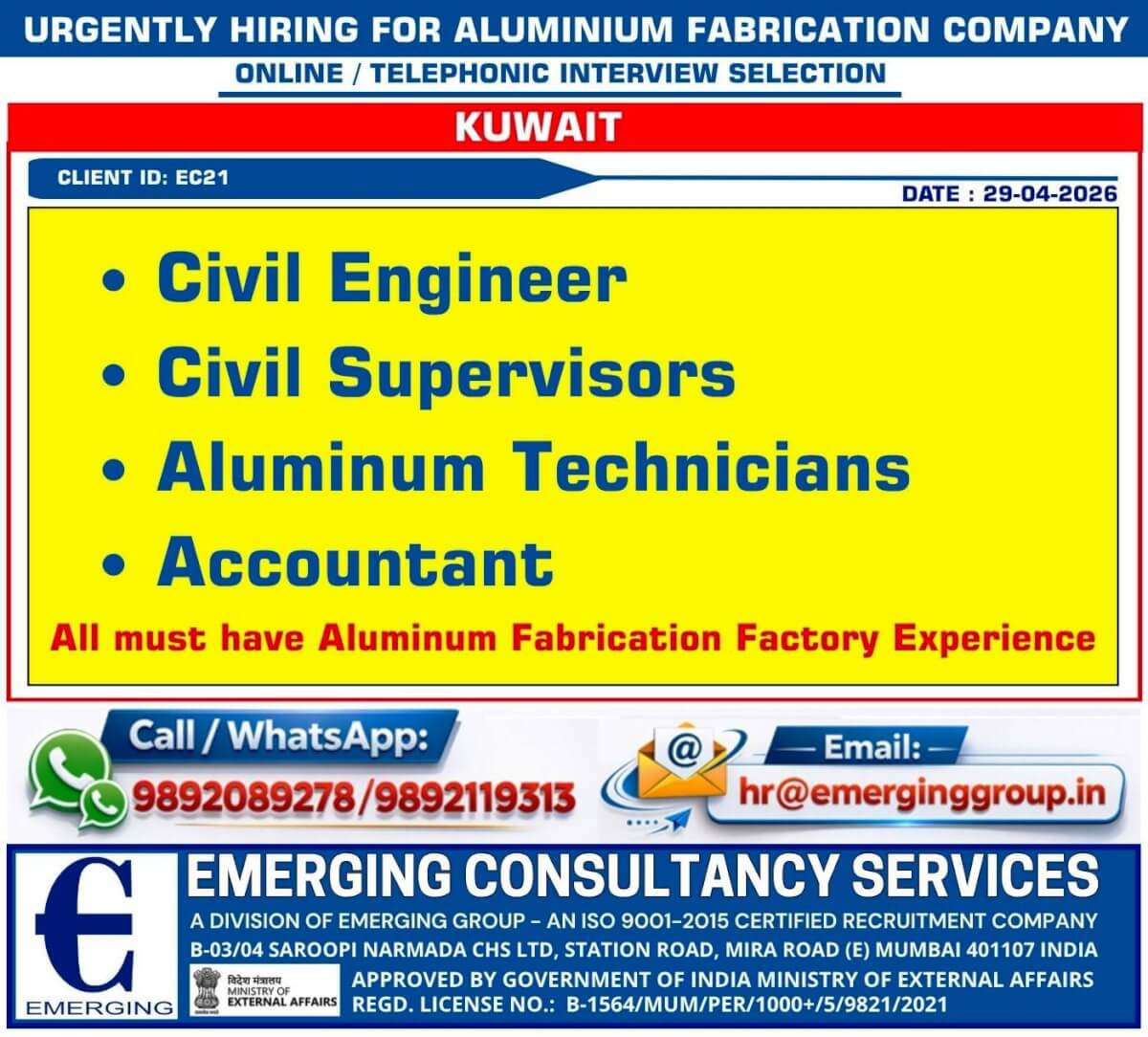 Urgent Hiring for Kuwait