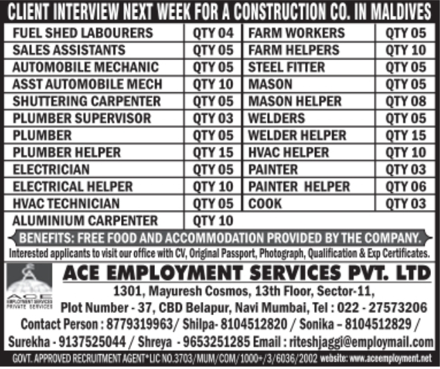 Urgent Hiring for Maldives