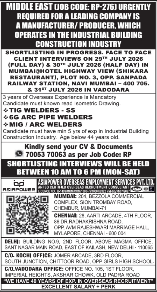 Urgent Hiring for Middle East