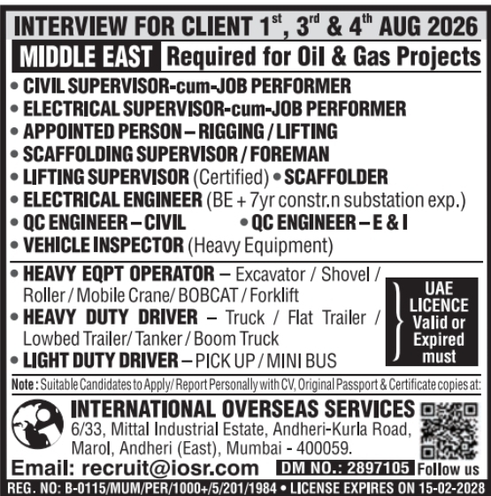 Urgent Hiring for Middle East