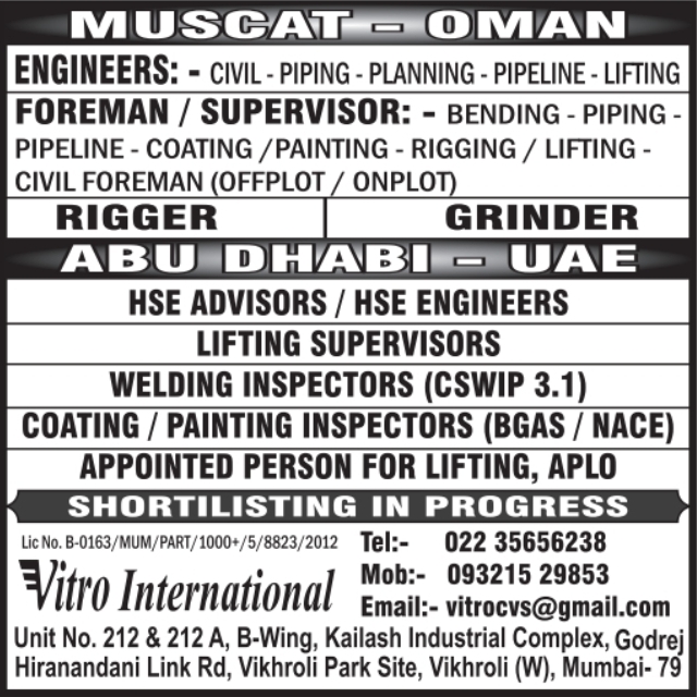 Urgent Hiring for Muscat (Oman) & Abu Dhabi (UAE)