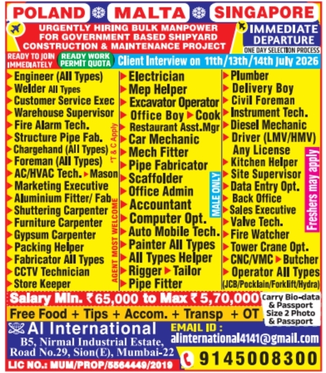 Urgent Hiring for Poland, Malta, and Singapore