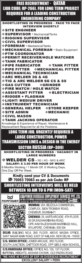 Urgent Hiring for Qatar and Russia