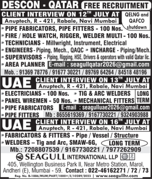 Urgent Hiring for Qatar & UAE