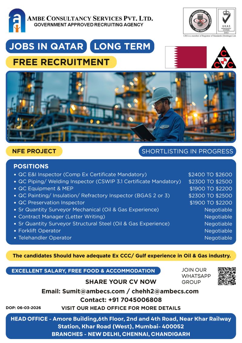 Urgent Hiring for  Qatar