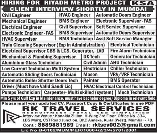 Urgent Hiring for Saudi Arabia (KSA)