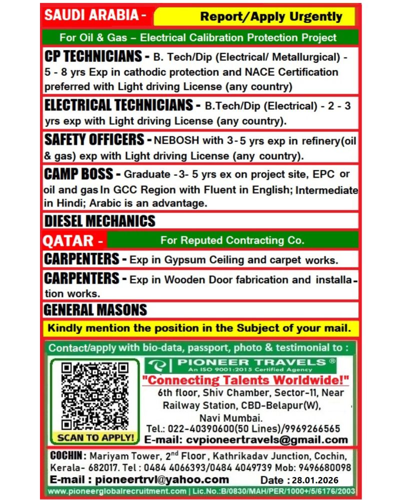 Urgent Hiring for Saudi Arabia & Qatar
