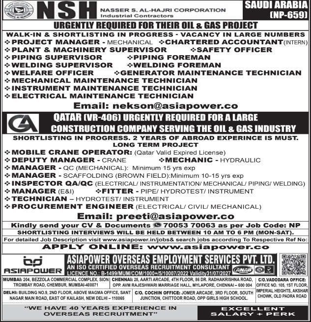 Urgent Hiring for Saudi Arabia & Qatar