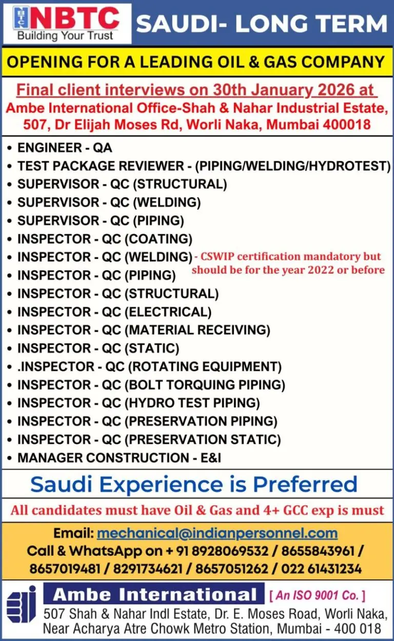 Urgent Hiring for Saudi Arabia