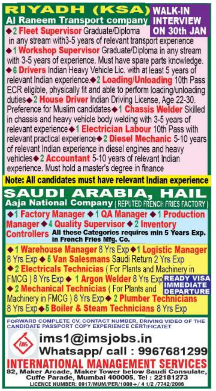 Urgent Hiring for Saudi Arabia