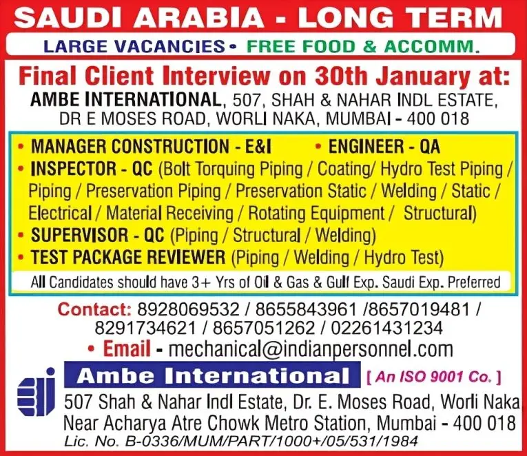 Urgent Hiring for Saudi Arabia