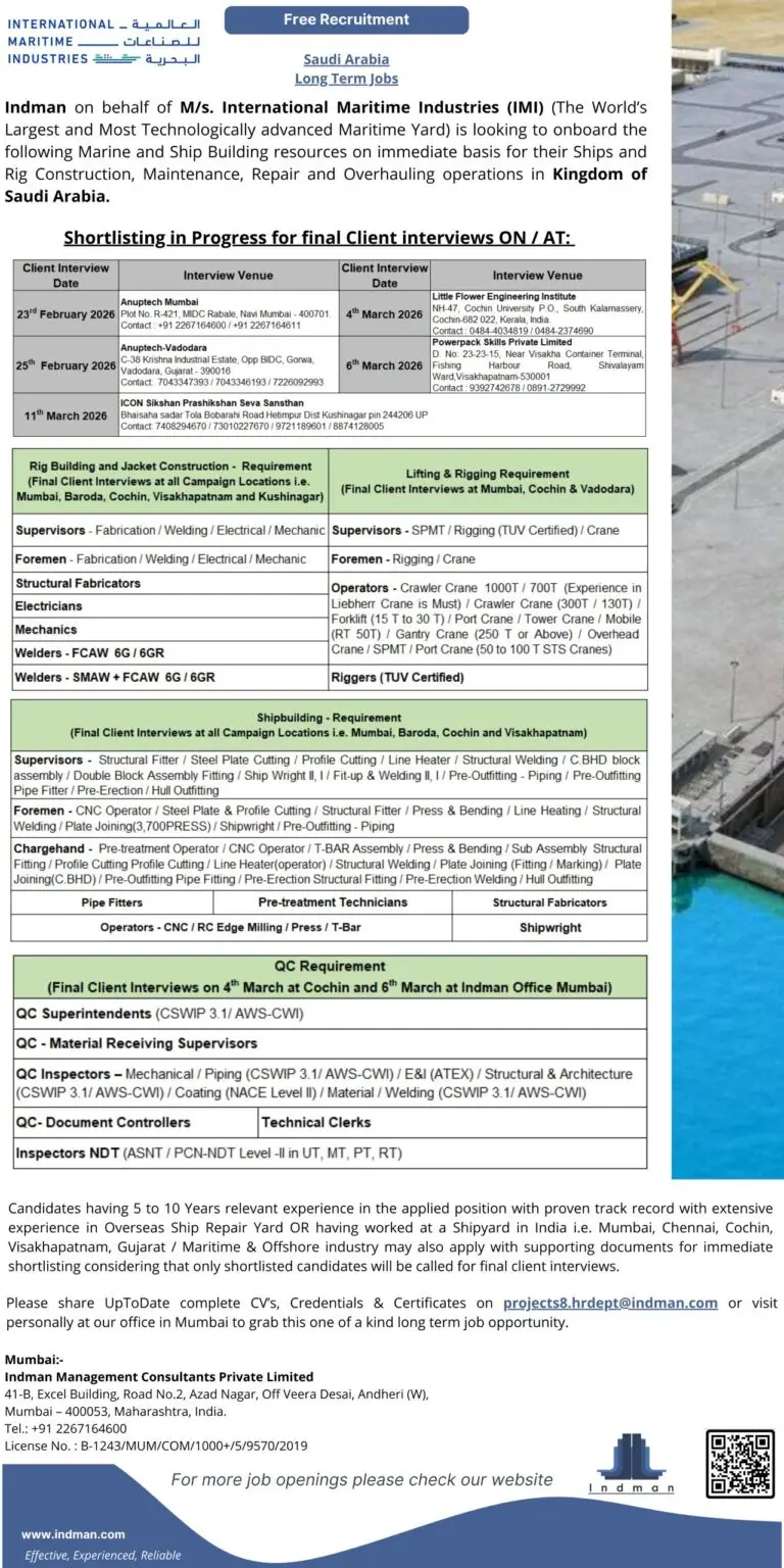 Urgent Hiring for Saudi Arabia