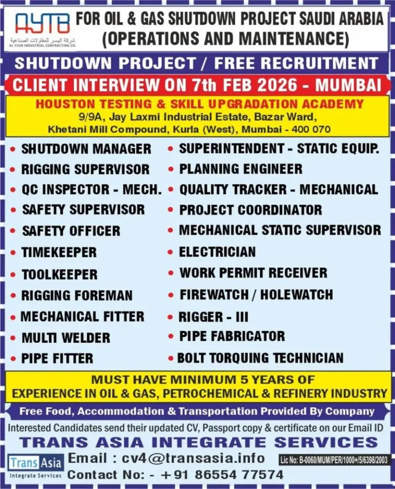 Urgent Hiring for Saudi Arabia