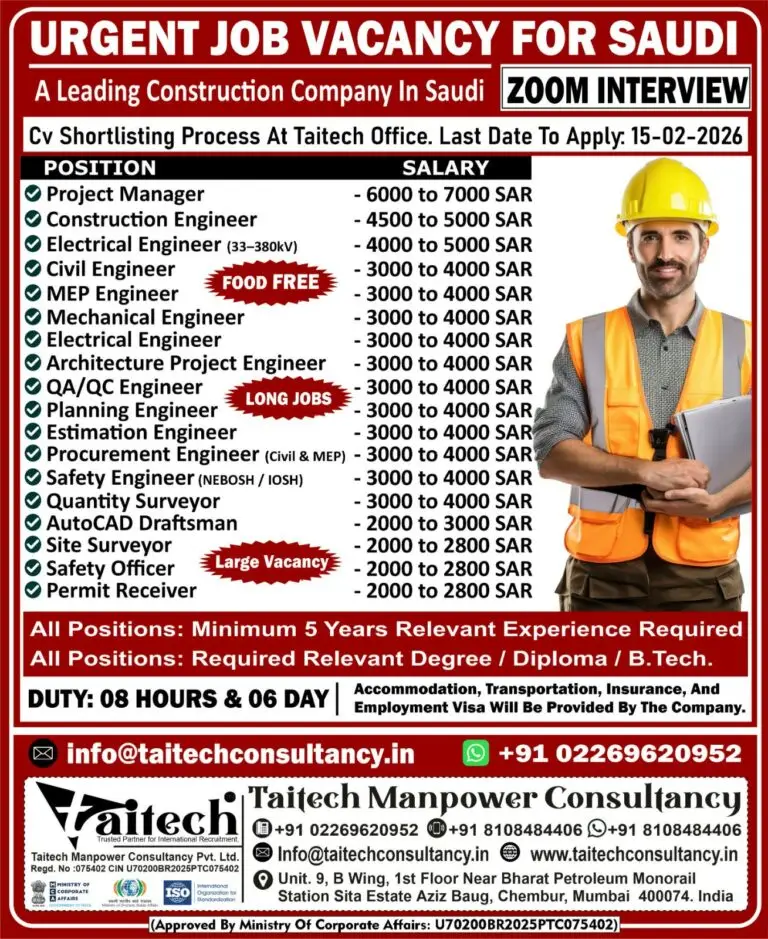 Urgent Hiring for Saudi Arabia