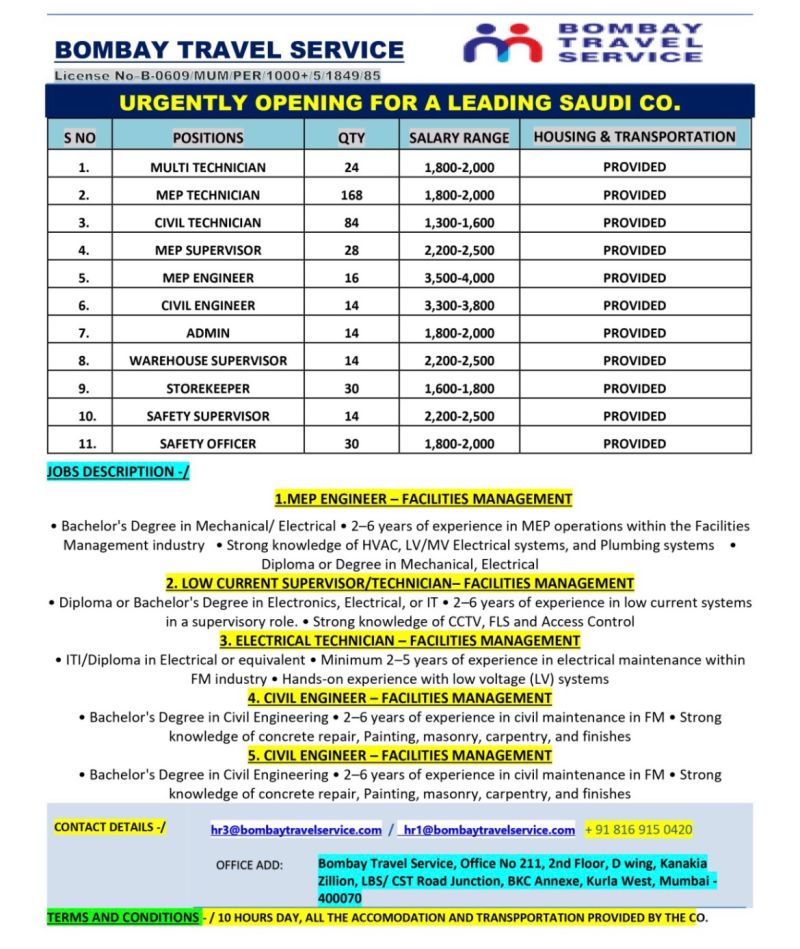 Urgent Hiring for Saudi Arabia