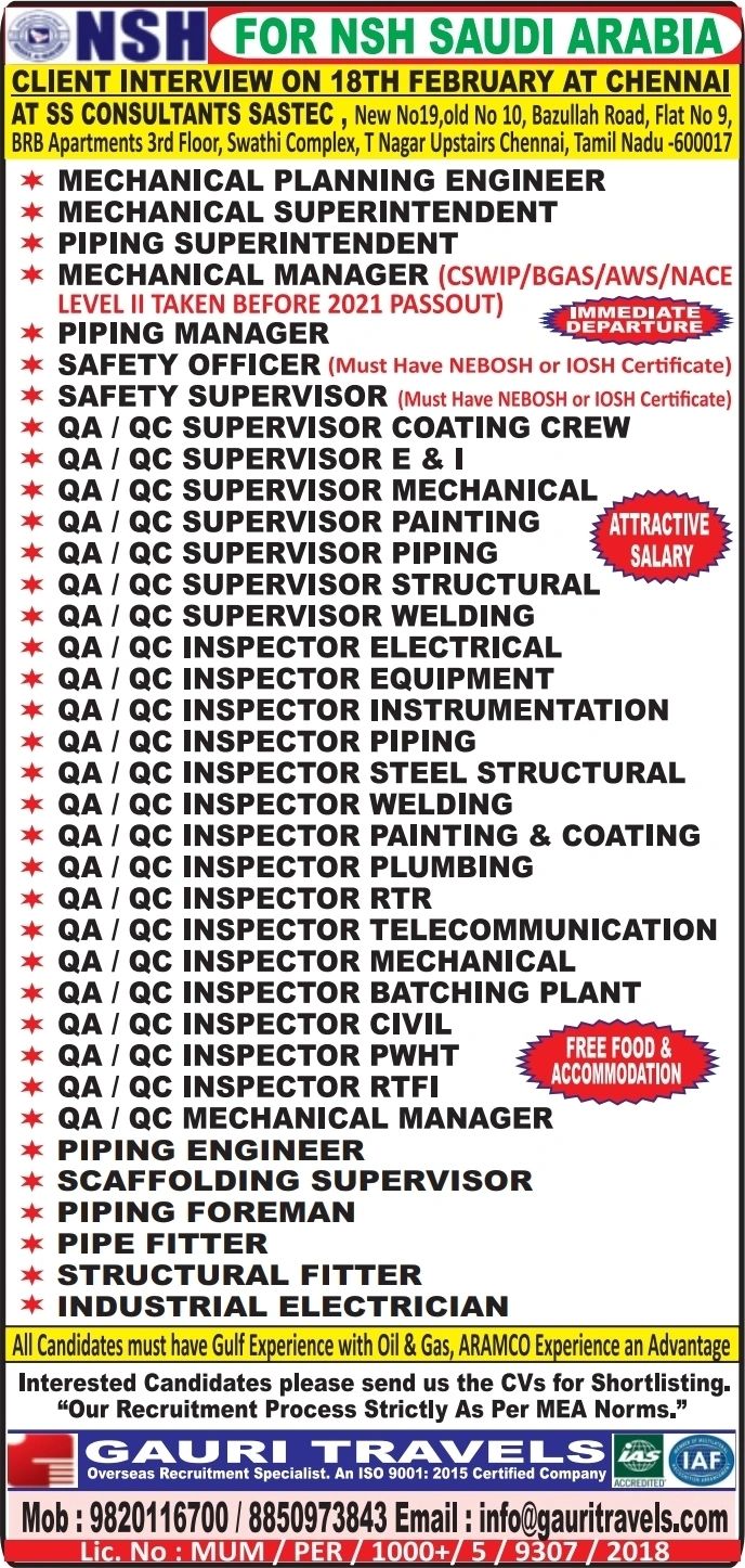 Urgent Hiring for Saudi Arabia