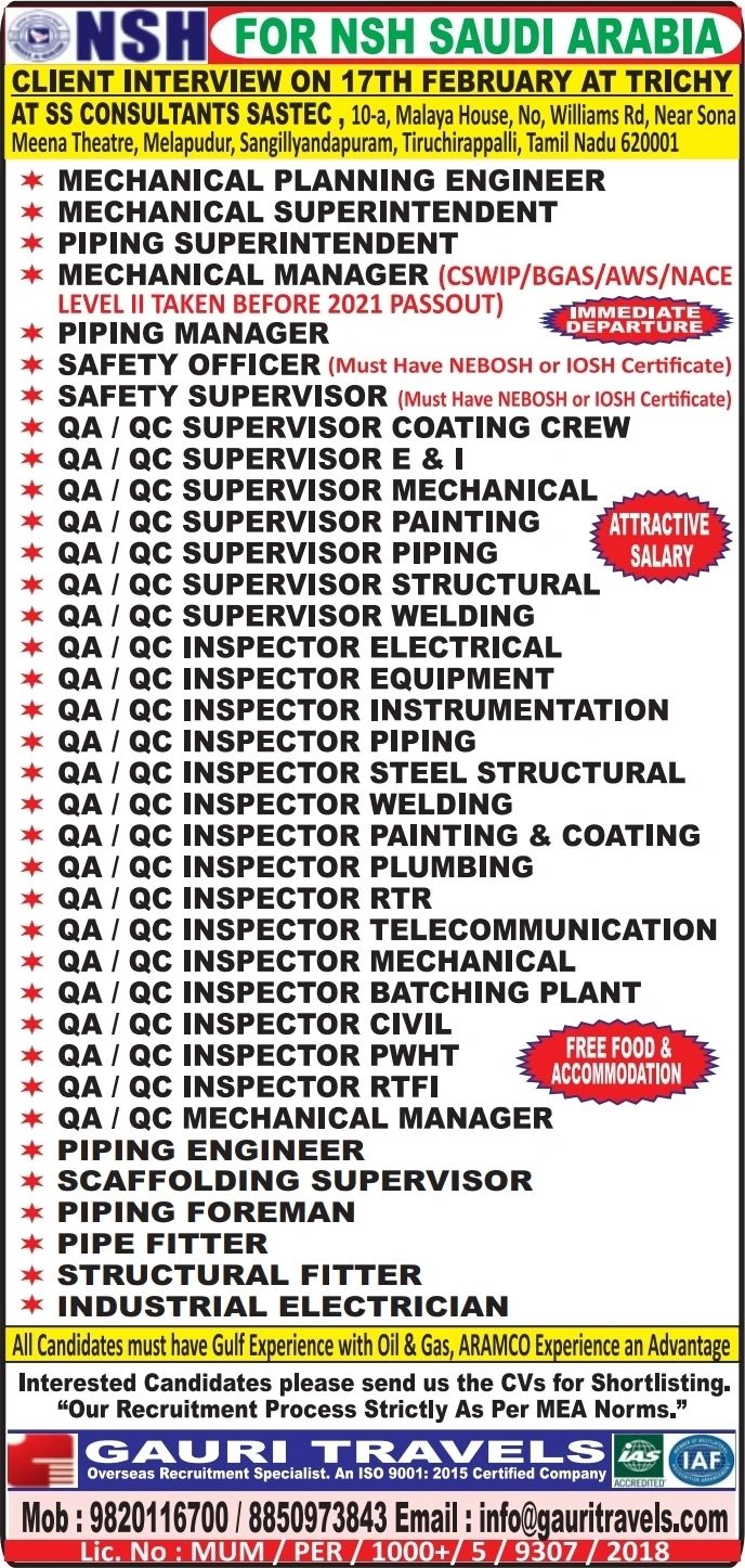 Urgent Hiring for Saudi Arabia