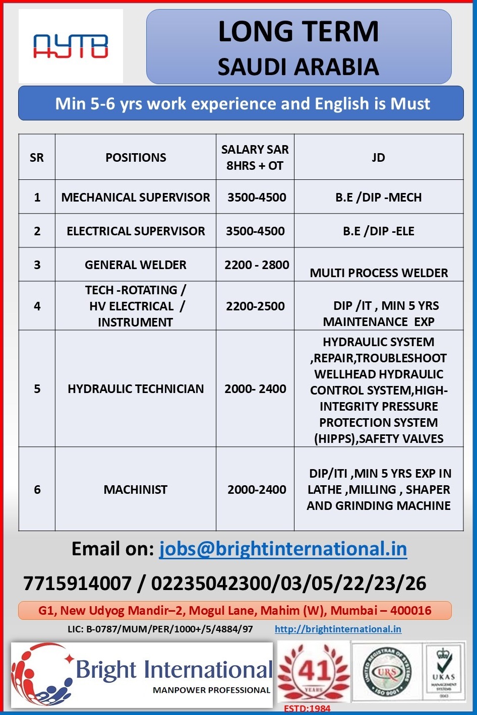 Urgent Hiring for Saudi Arabia