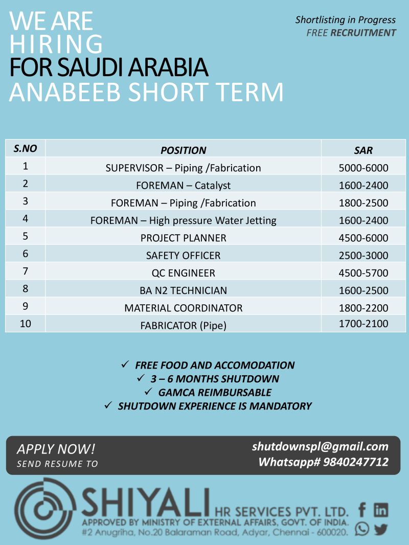 Urgent Hiring for Saudi Arabia
