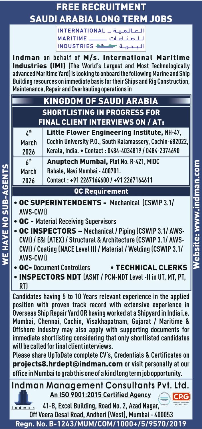 Urgent Hiring for Saudi Arabia