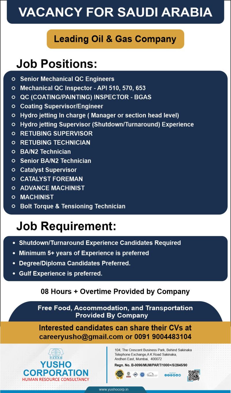 Urgent Hiring for Saudi Arabia
