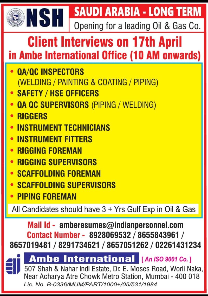 Urgent Hiring for Saudi Arabia